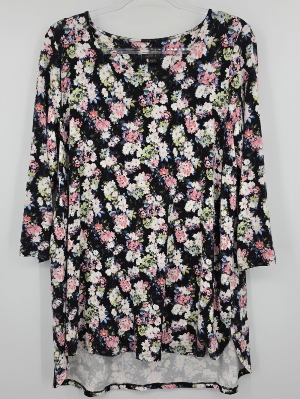 J. Jill Wearever Collection 3/4 Sleeve Tunic Top Medium Black Floral